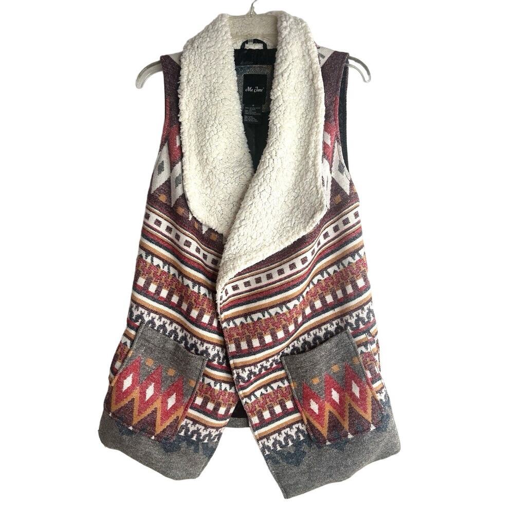 Me Jane Aztec Navajo Print Vest Womens Tag M Wool Blend Faux Fur Southwestern